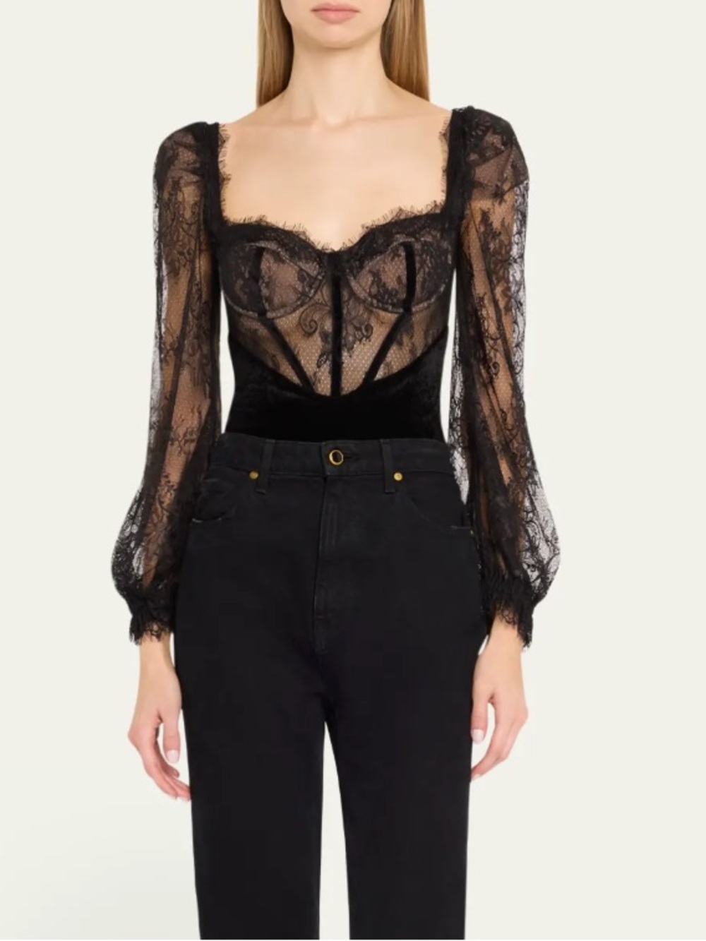 PatBO Stunjing Black Sheer Lace Long-Sleeve Bodysuit